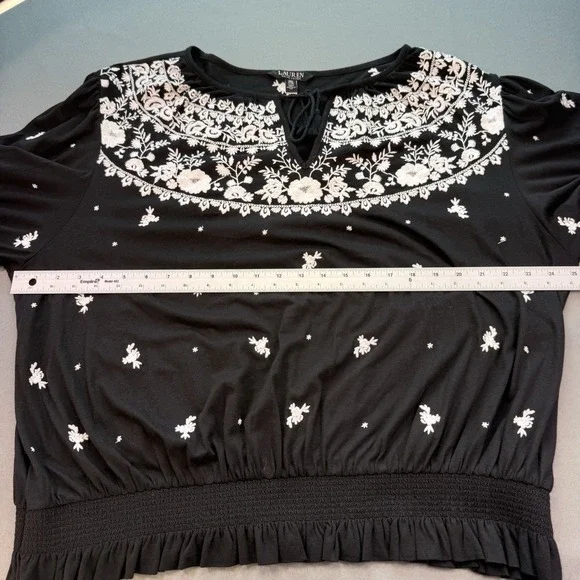 Lauren Ralph Lauren Top 2XL Peasant Embroidery Oaxaca Black White‎ Cottage Core - Picture 8 of 9